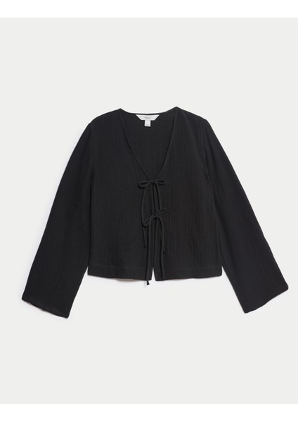 Saf Pamuk V Yaka Bağlamalı Plaj Üstü