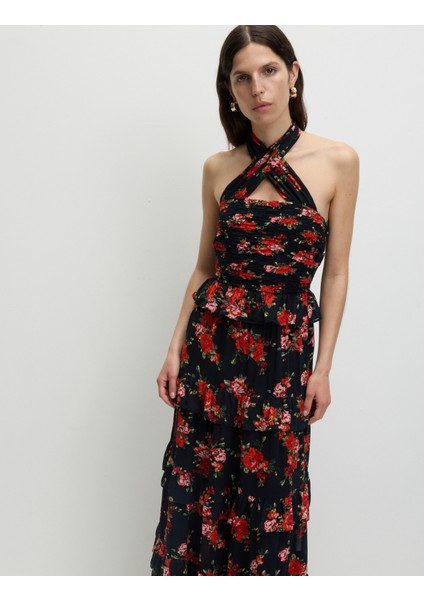 Çiçek Desenli Halter Yaka Katmanlı Maxi Elbise