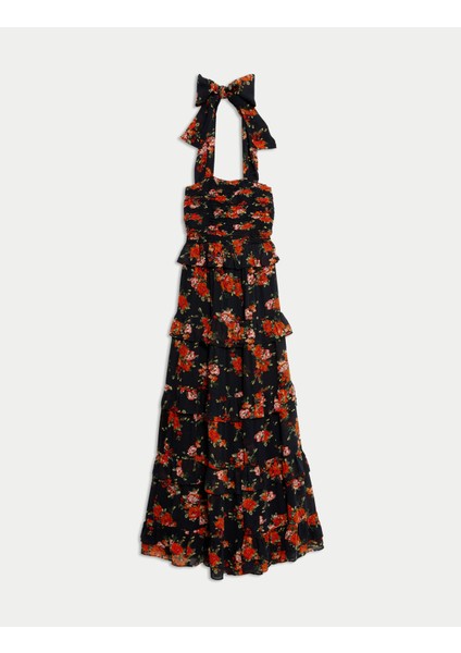 Çiçek Desenli Halter Yaka Katmanlı Maxi Elbise