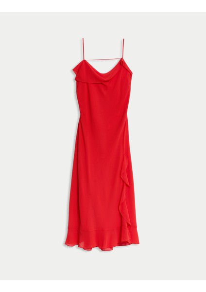 Dökümlü Yakalı Midaxi Askılı Elbise