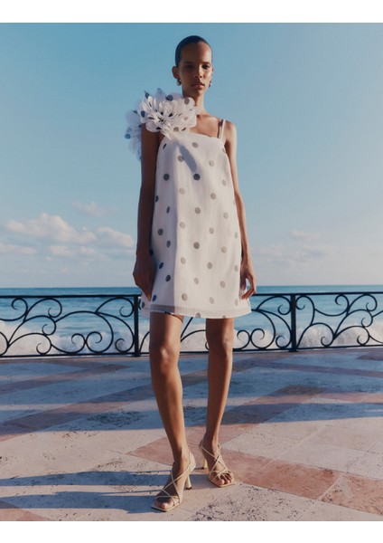 Puantiye Desenli Kare Yaka Mini Kolon Elbise