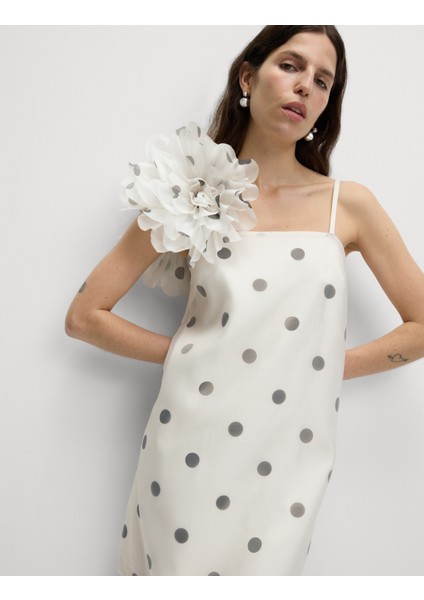 Puantiye Desenli Kare Yaka Mini Kolon Elbise