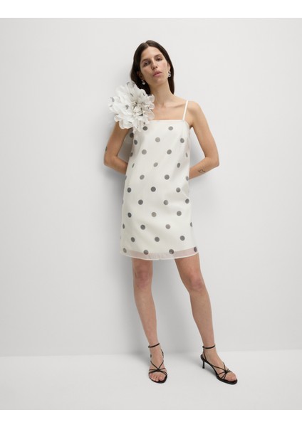 Puantiye Desenli Kare Yaka Mini Kolon Elbise