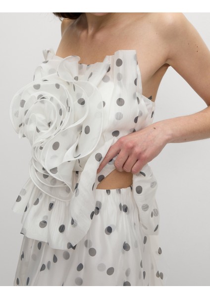 Organze Puantiye Fiyonk Detaylı Midi Etek