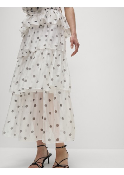 Organze Puantiye Fiyonk Detaylı Midi Etek