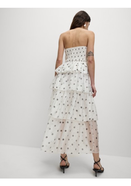 Organze Puantiye Fiyonk Detaylı Midi Etek