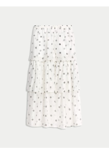 Organze Puantiye Fiyonk Detaylı Midi Etek