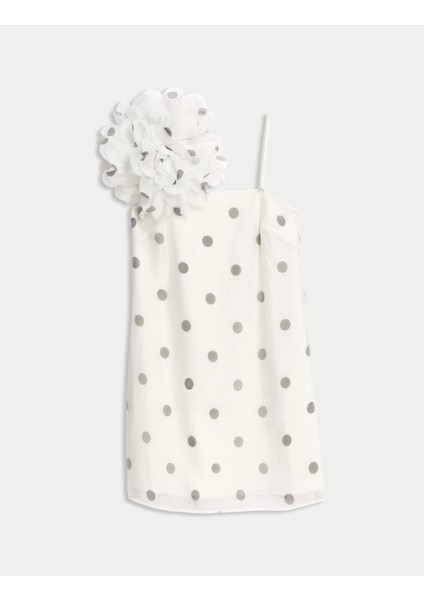 Puantiye Desenli Kare Yaka Mini Kolon Elbise