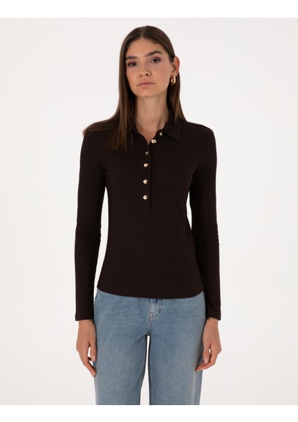 Kadın Kahverengi Slim Fit Örme Bluz 50309153-VR029