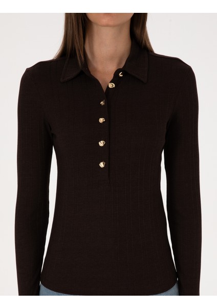 Kadın Kahverengi Slim Fit Örme Bluz 50309153-VR029