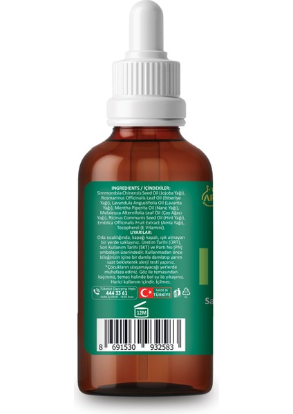 Suya Dayanıklı Saç Bakım Yağı 30 ml Jojoba Biberiye Lavanta Nane Çay Ağacı Amla Tüm Saçlar