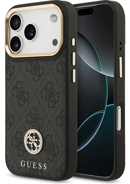 iPhone 17 Pro Kılıf Guess Lisanslı M-Safe Şarj Özellikli Gold Kamera Çerçeveli Taşlı 4g Logolu Siyah
