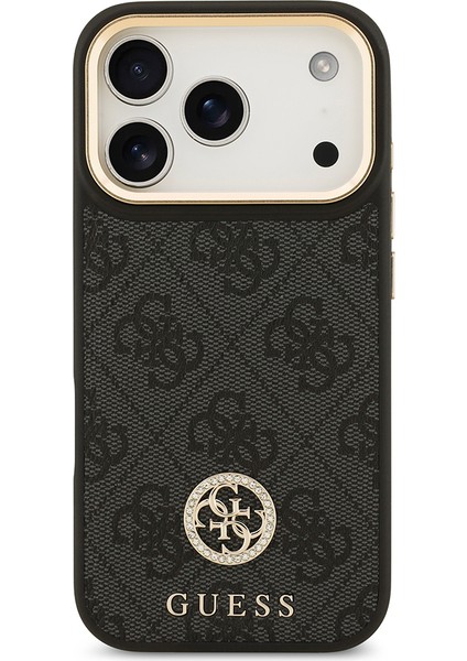 iPhone 17 Pro Kılıf Guess Lisanslı M-Safe Şarj Özellikli Gold Kamera Çerçeveli Taşlı 4g Logolu Siyah modelleri