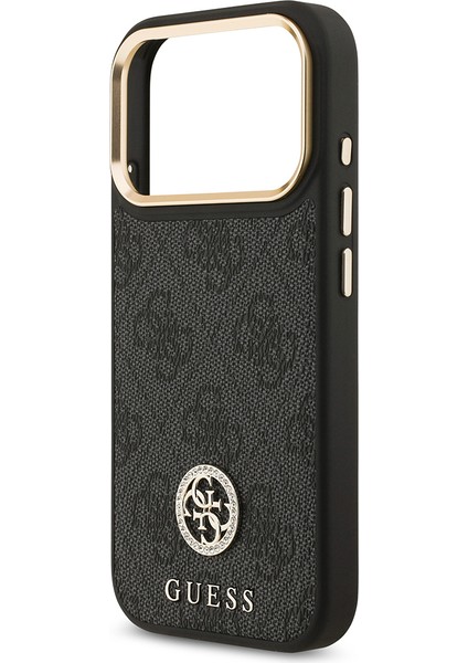 iPhone 17 Pro Kılıf Guess Lisanslı M-Safe Şarj Özellikli Gold Kamera Çerçeveli Taşlı 4g Logolu Siyah