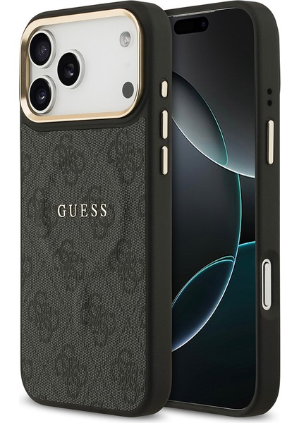 iPhone 17 Pro Max Kılıf Guess Lisanslı M-Safe Şarjlı Gold Kamera Çerçeveli Pu Deri Yazı Logolu Siyah