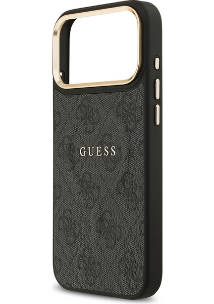 iPhone 17 Pro Max Kılıf Guess Lisanslı M-Safe Şarjlı Gold Kamera Çerçeveli Pu Deri Yazı Logolu Siyah