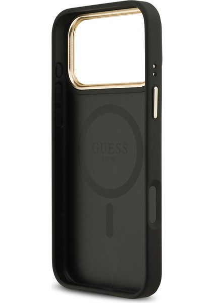 iPhone 17 Pro Max Kılıf Guess Lisanslı M-Safe Şarjlı Gold Kamera Çerçeveli Pu Deri Yazı Logolu Siyah