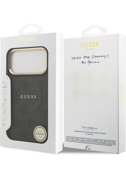 iPhone 17 Pro Max Kılıf Guess Lisanslı M-Safe Şarjlı Gold Kamera Çerçeveli Pu Deri Yazı Logolu Siyah