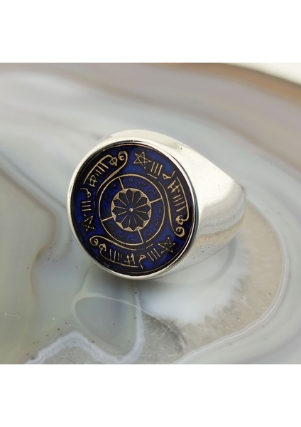 925 Ayar Gümüş Mavi Mineli Rufai Gülü İşlemeli Erkek Yüzük