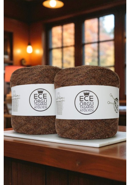 Çift Kat Kahverengi Angora Arasına Kahverengi ve Gold Sim Karışımı Örgü Ipi (200 Gr.)