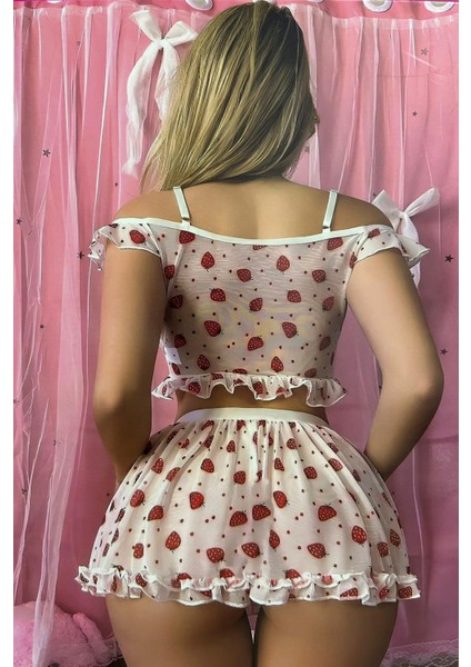 3 Parça Saf Beyaz Çilek Baskılı Askıl Itanga ve Gecelik fiyatları