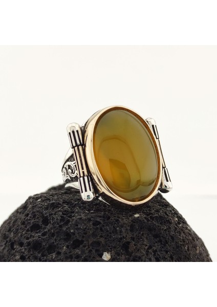 925 Ayar Gümüş Bal Rengi Sarı Taşlı Erkek Yüzük