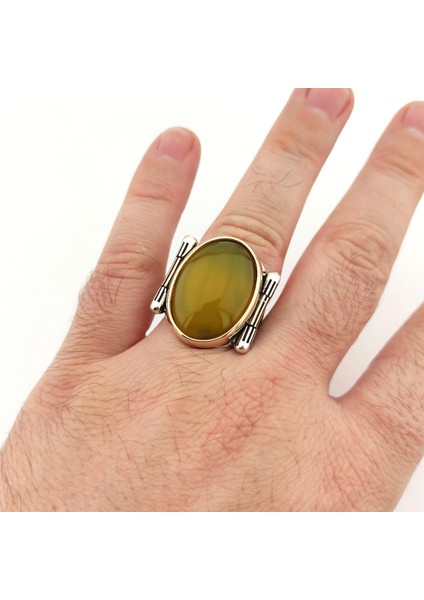 925 Ayar Gümüş Bal Rengi Sarı Taşlı Erkek Yüzük fiyatları