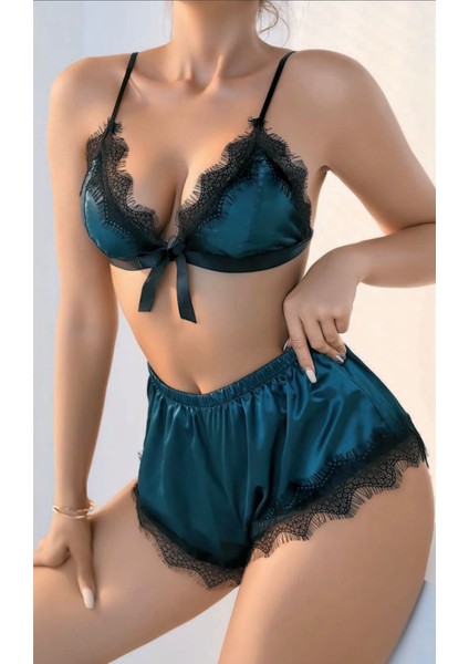 Nıghtlıght Petrol Yeşili Saten Şortlu Fantezi Gecelik Takım
