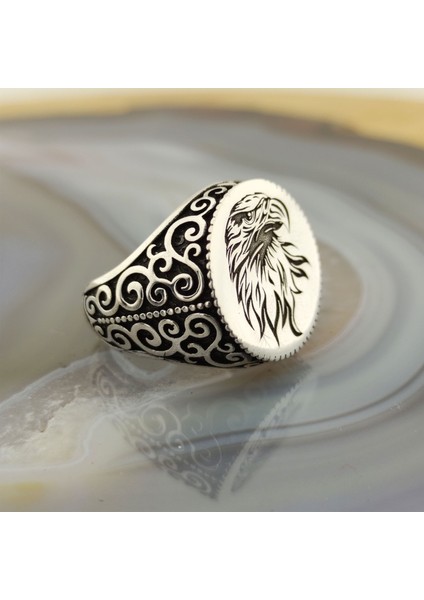 925 Ayar Gümüş Kartal Kafası İşlemeli Erkek Yüzük modelleri