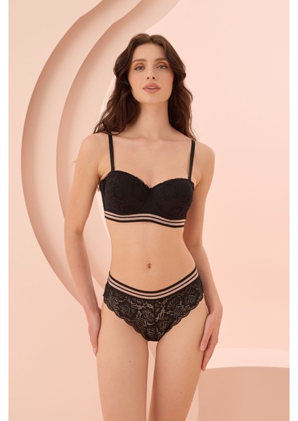 Iç Giyim Nbb Siyah Rose Silvery Simli Straplez Sütyen Takımı