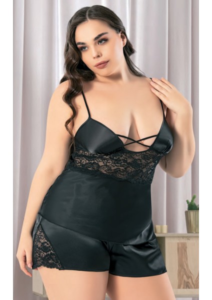 Iç Giyim Miss Laris Saten Büyük Beden Şortlu Gecelik Takım