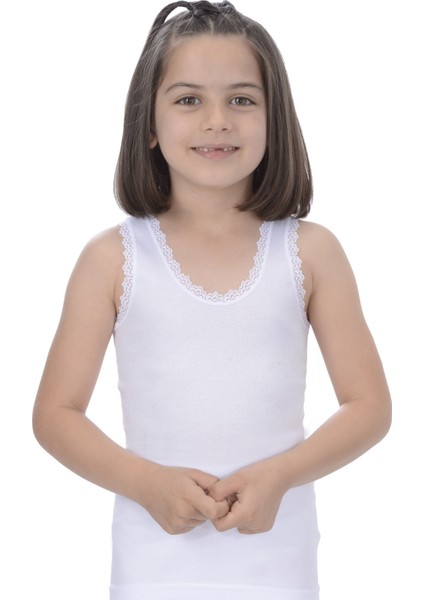 %100 Pamuk Ribana Kız Dantelli Geniş Askı Atlet 6370 (6 Adet)