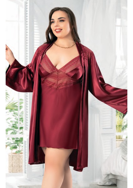 Iç Giyim Miss Laris Ikili Saten Büyük Beden Gecelik Sabahlık Takımı Çeyizlik