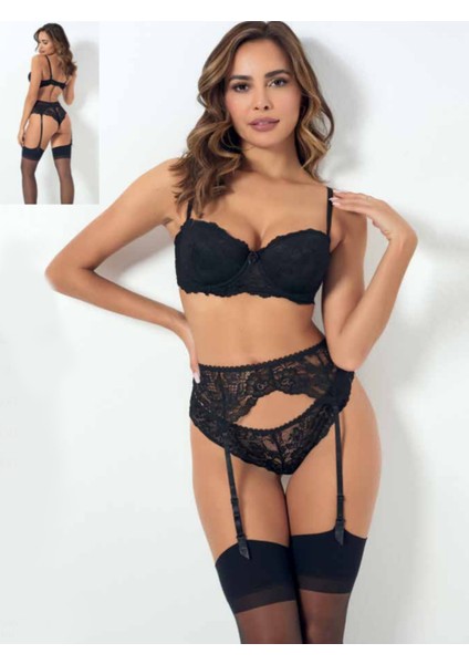 Iç Giyim Godewo Dantelli Balenli Yarım Destekli Jartiyerli Iç Çamaşırı Takımı