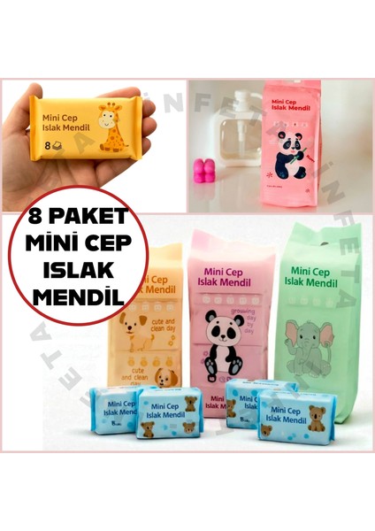 Sevimli Mini Cep Islak Mendil 1 Adet 8 Mini Paketli 64 Adet Mendil