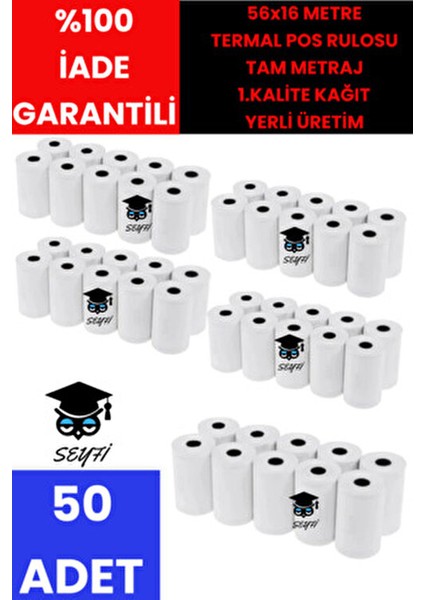 50 Adet 56X16 Metre Termal Pos Rulosu Tam Metraj 1.kalite Kağıt Yerli Üretim