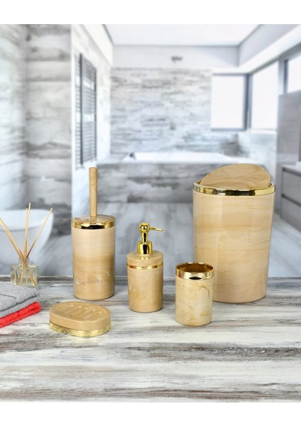 Akrilik Yuvarlak Banyo Seti 5’li – Krem Mermer Desen, Gold Kromajlı Şık Tasarım fiyatları