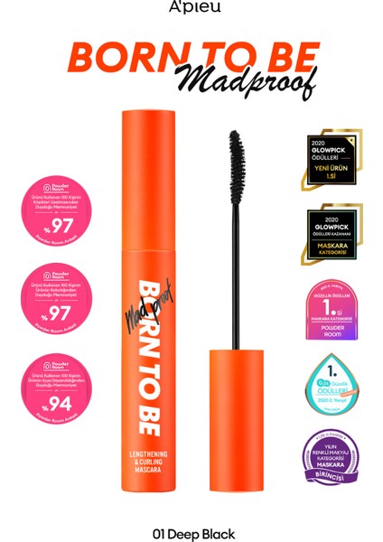Kıvırma Özelliğine Sahip Maskara A'PIEU Born To Be Madproof Lengthening&Curling Mascara (Lv.2) (No.0 indirimleri