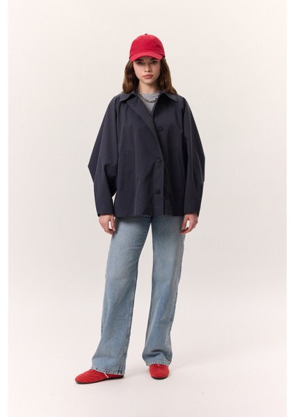 Pelerin Kol Kısa Trençkot Lacivert