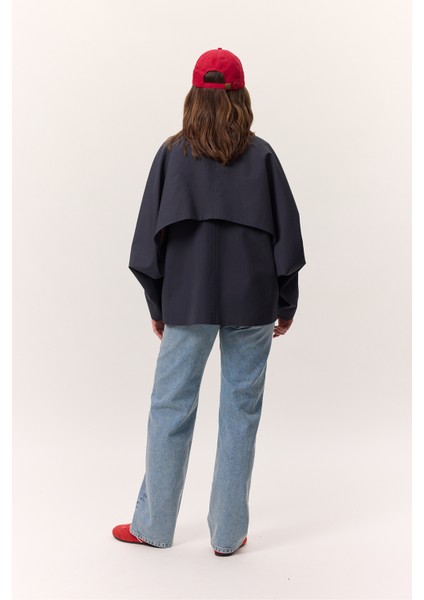 Pelerin Kol Kısa Trençkot Lacivert