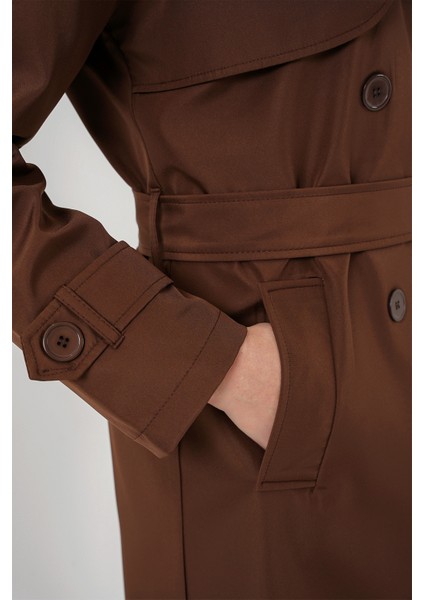 5918 Kruvaze Yaka Trençkot - Kahverengi indirimleri