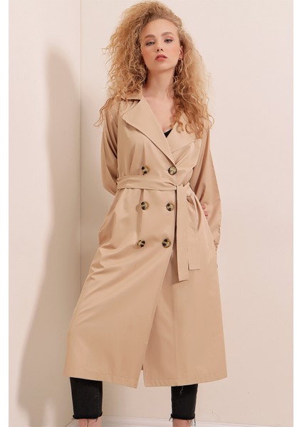 5853 Kruvaze Yaka Trençkot - Vizon