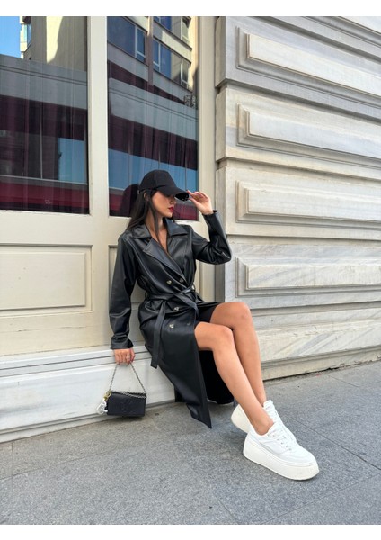 Siyah Kruvaze Kapama Deri Trençkot 26069