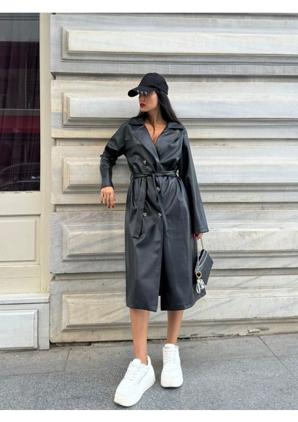 Siyah Kruvaze Kapama Deri Trençkot 26069