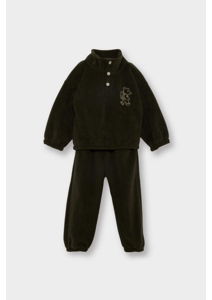 Erkek Bebek 2'li Takım Nakışlı Polar Dik Yaka Düğmeli Sweatshirt Eşofman Altı F7603A525WN