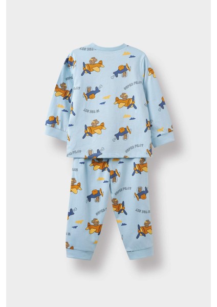 Erkek Bebek 4'lü Pijama Takımı Uçak Baskılı Uzun Kollu Penye Üst Uzun Alt F7200A525AU