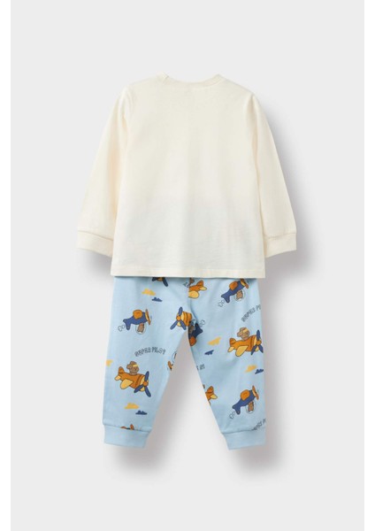 Erkek Bebek 4'lü Pijama Takımı Uçak Baskılı Uzun Kollu Penye Üst Uzun Alt F7200A525AU
