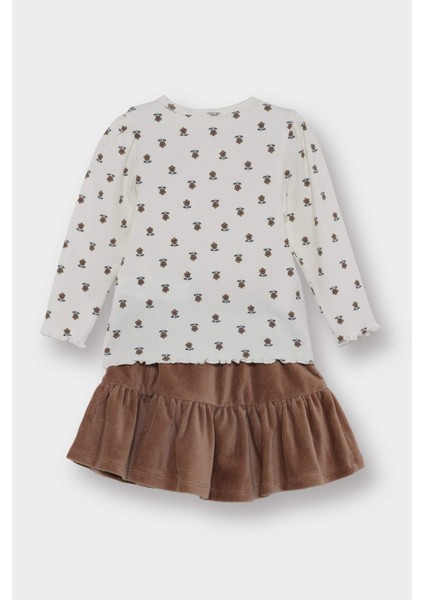 Kız Bebek 3'lü Takım Çiçek Desenli Fitilli Kaşkorse Uzun Kollu Tişört Kadife Etek Külotlu Çorap G0086A525AU fiyatları