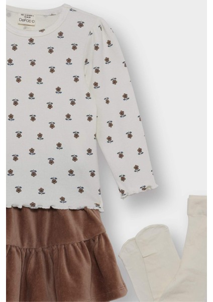 Kız Bebek 3'lü Takım Çiçek Desenli Fitilli Kaşkorse Uzun Kollu Tişört Kadife Etek Külotlu Çorap G0086A525AU fırsatları