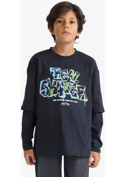 Erkek Çocuk Oversize Geniş Kalıp Bisiklet Yaka Baskılı Uzun Kollu Tişört E9585A825AU modelleri